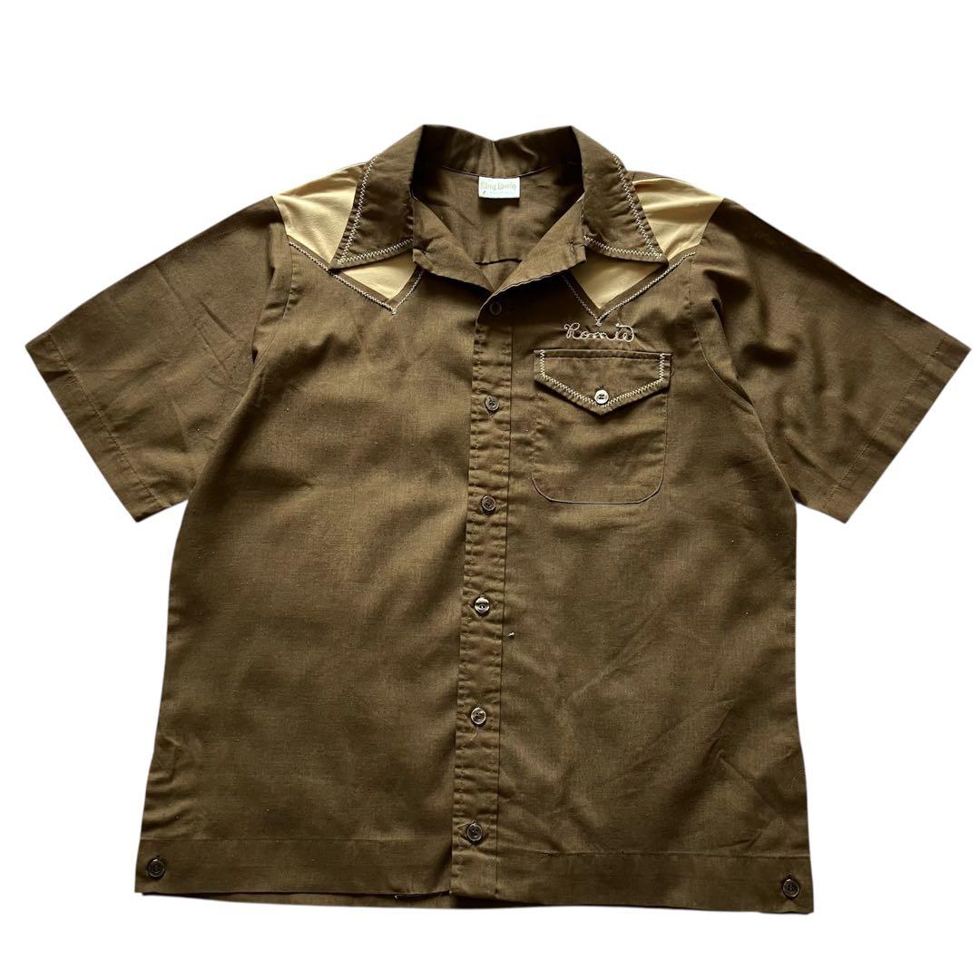 70's USA製 キングルイ チェーン刺繍 ボウリングシャツ 茶ベージュ L