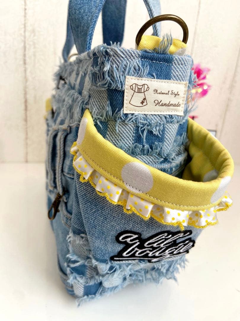 デニムリメイクバッグS yellowくまさん