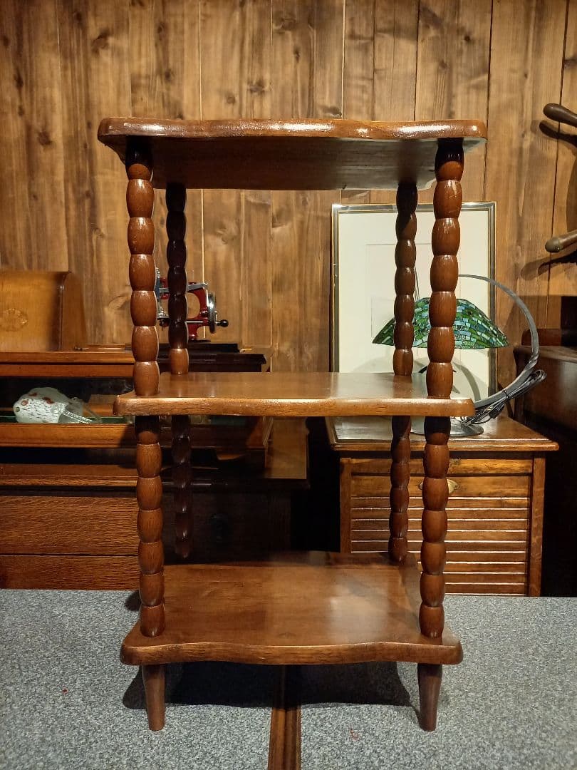 1970's　コロニアル　チーク　無垢材　ボビン　レッグス　３段　サイド　ラック