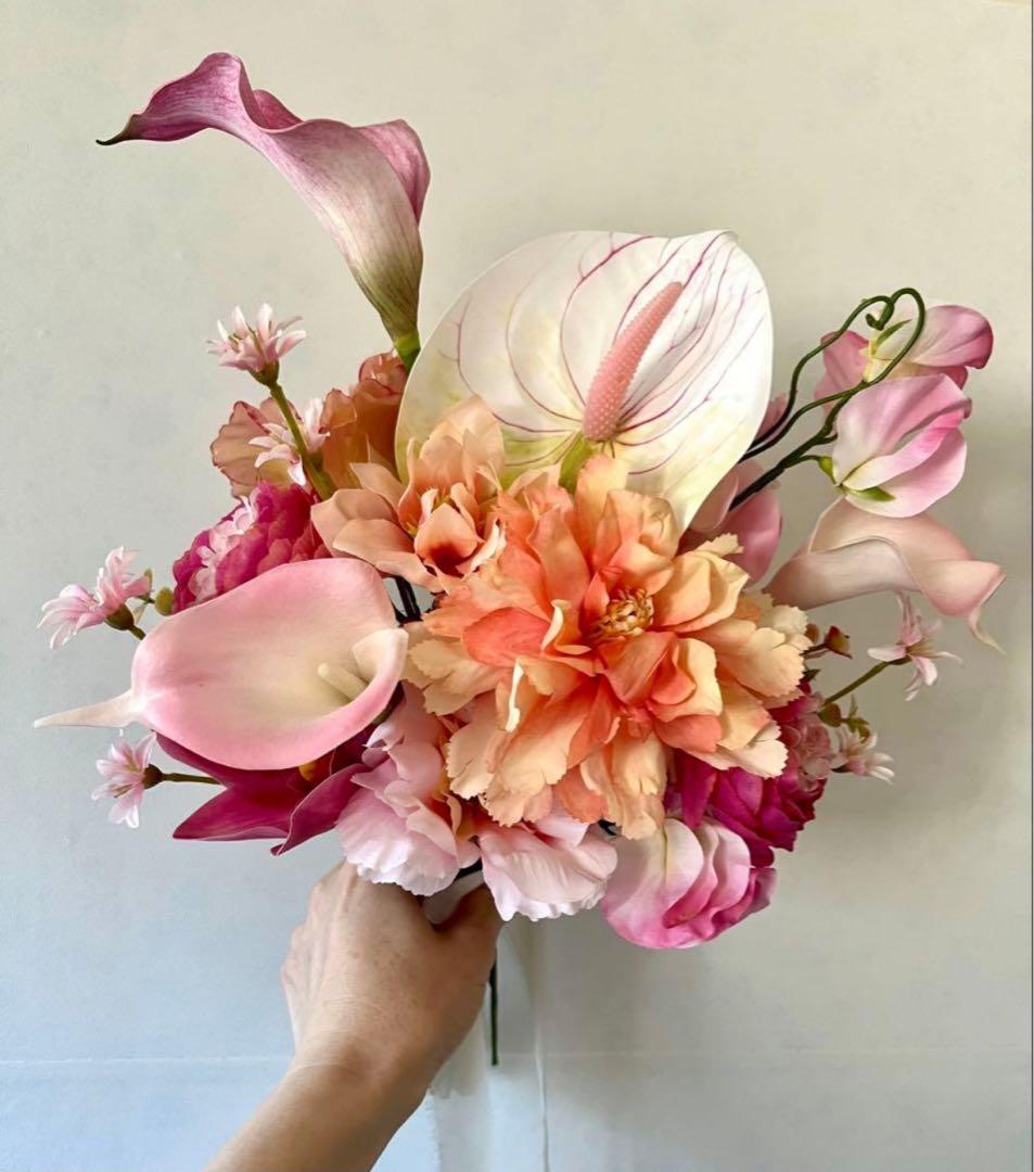 ウェディングブーケ 造花 フェイクフラワー ピンク オレンジ ホワイト