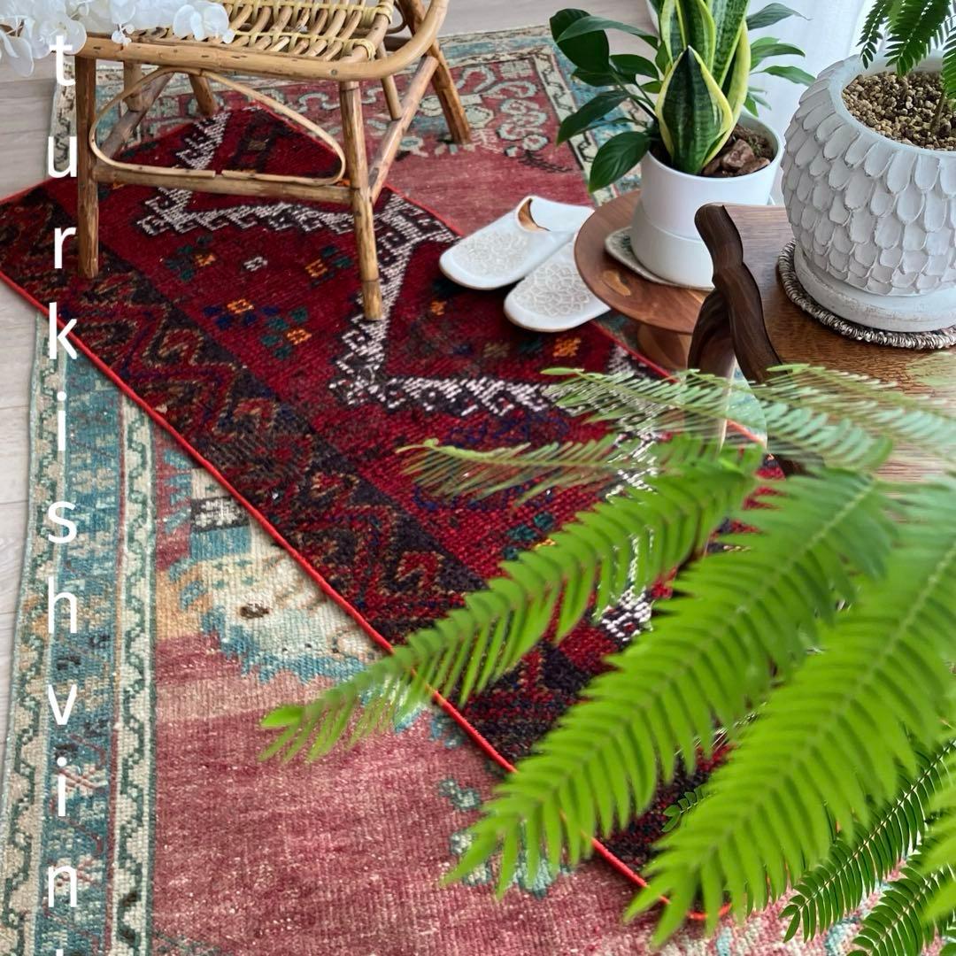 温かざっくり編み✳︎クリスマスレッド　　ロング　ランナー　トルコヴィンテージラグ