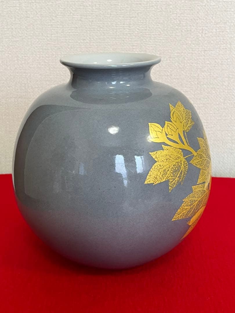 【珍色】 人間国宝 吉田美統『釉裏金彩 芙蓉文 花瓶』Y30 本物保証