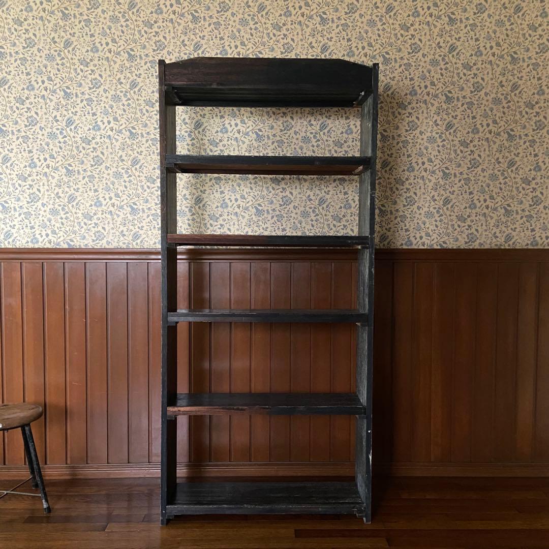 ビンテージ　木製本棚　オープンラック　シンプルブラック　6段　古い家具