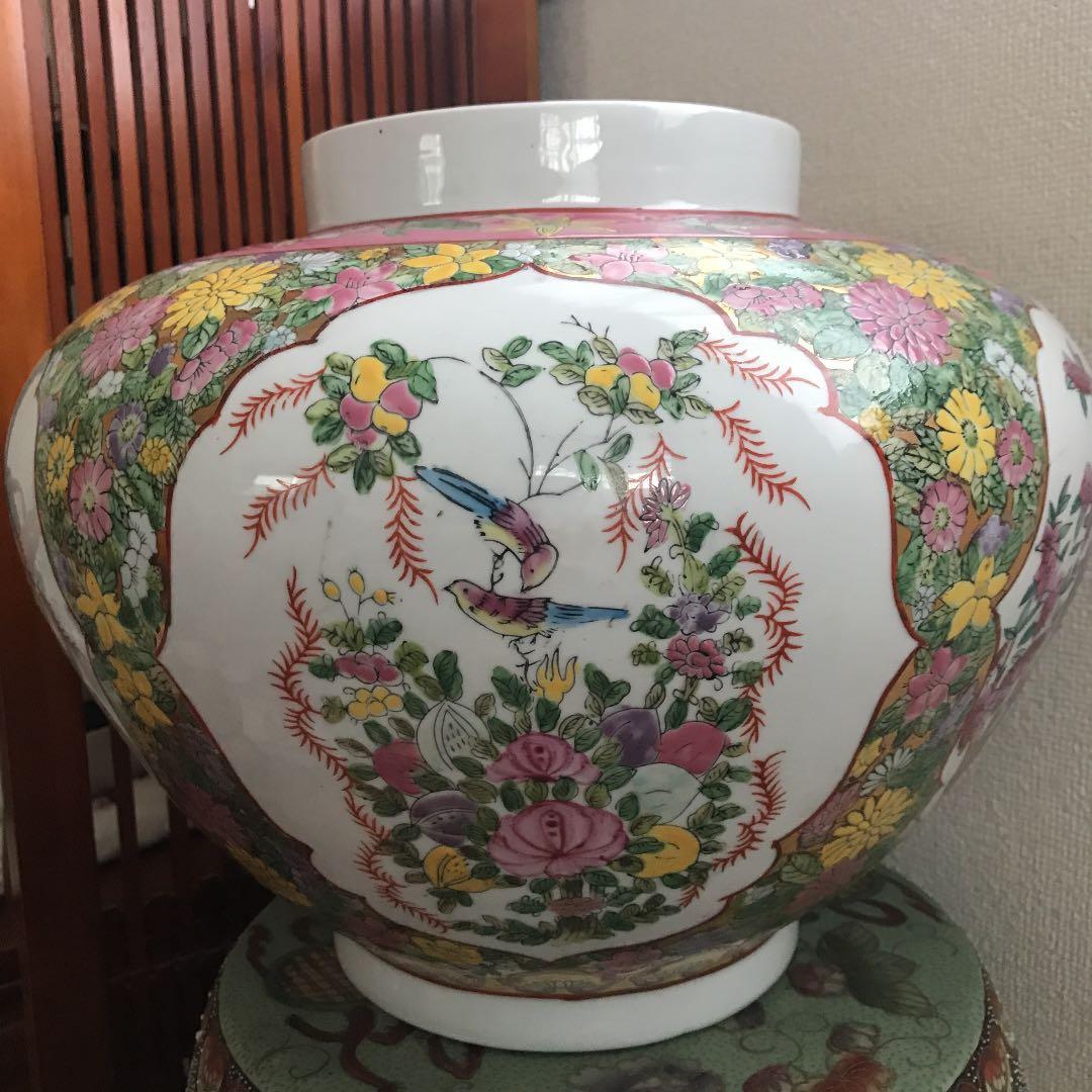中国美術　壺　特大　粉彩　三国志　花鳥紋　清朝　古美術　骨董品　年代品
