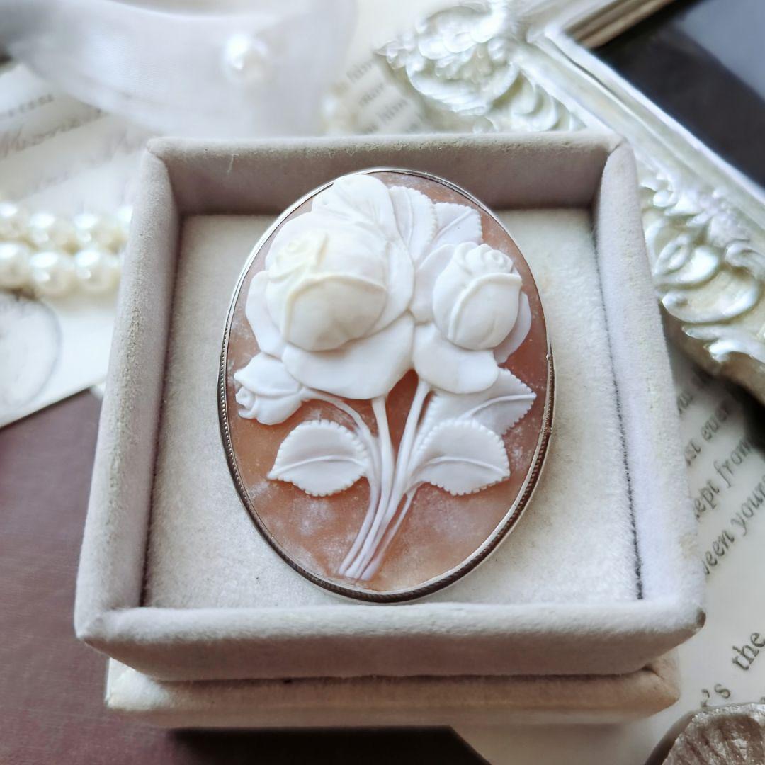 ITALY SILVER900 シェルカメオ ローズ ブローチ ペンダント 薔薇