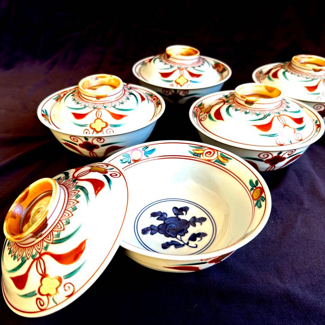 【未使用．美品】清水焼き　 蓋茶碗　蓋付き碗　飯碗　茶碗 色絵 五客 和食器