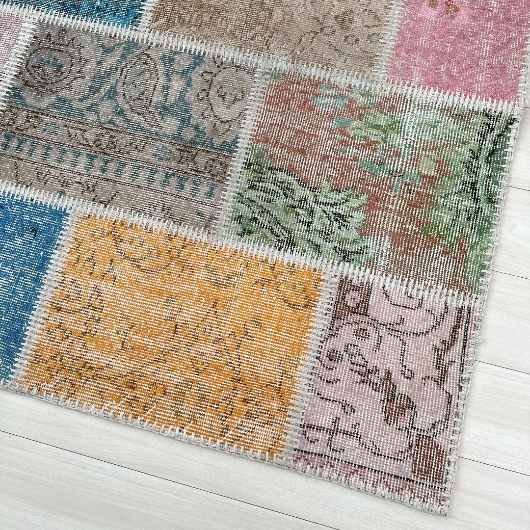 トルコ製ヴィンテージラグ915 レア 高級 ブルー イエロー パッチワーク