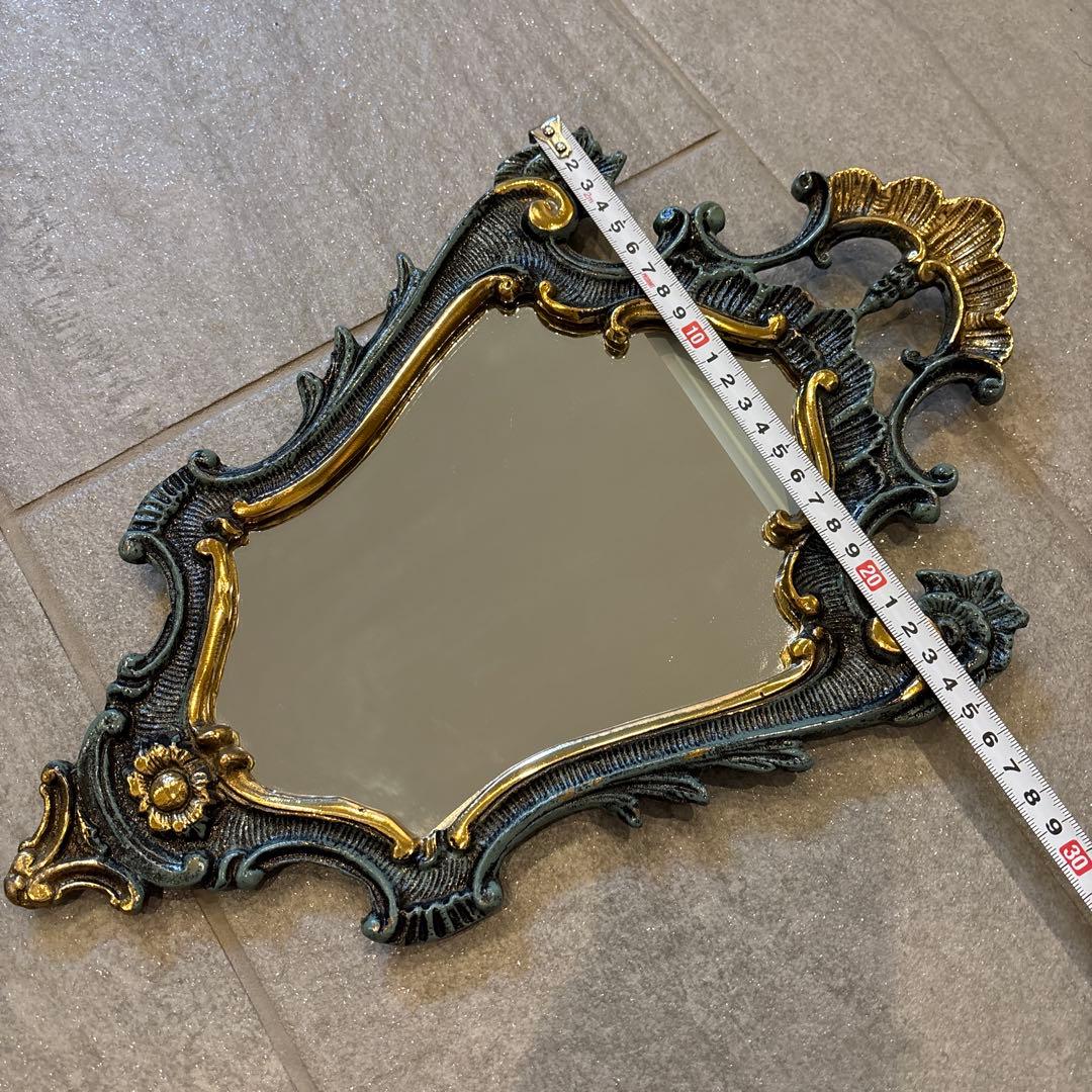 バロックスタイル 壁掛け鏡 ダークブルーと金 約40cm x 25cm