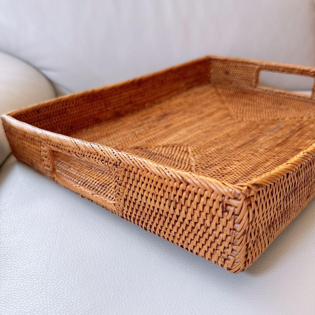 【新品】アタ 持ち手付きバスケット 長方形 スクエア トレー トレイ バリ島雑貨