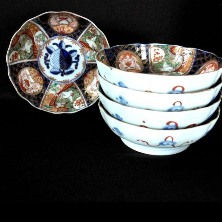 明治～大正 古伊万里 絢爛豪華 金襴手 二重角冨紋 膾皿 5客揃 角富 なます皿