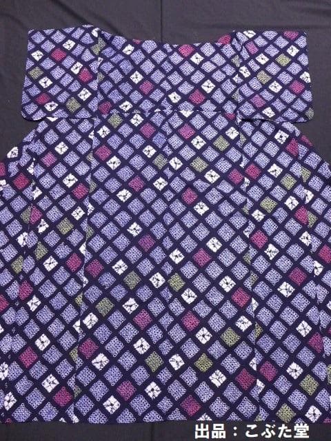 美品！手縫い★有松鳴海絞り 浴衣 紺✕黄色✕赤 格子★152/63　有松絞り