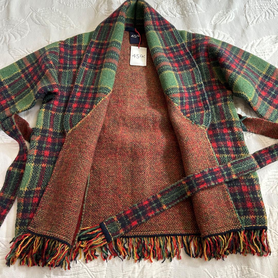 新品　45R.ウール100 ジャガードニット タータンチェック　フリンジ　コート