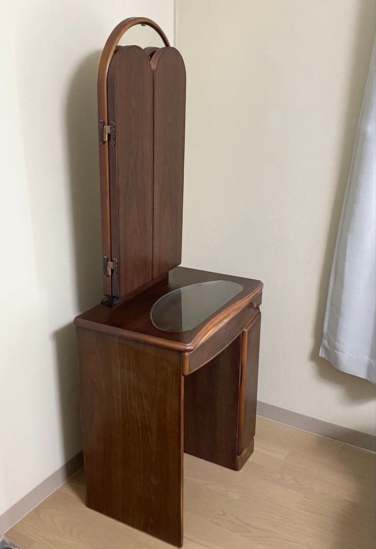 三面鏡　天然木　ドレッサー　オーク　レトロ　板ガラス　コンセント付き　高級家具