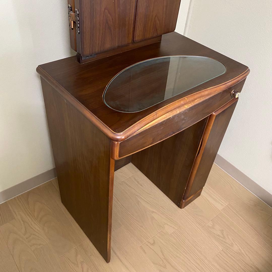 三面鏡　天然木　ドレッサー　オーク　レトロ　板ガラス　コンセント付き　高級家具