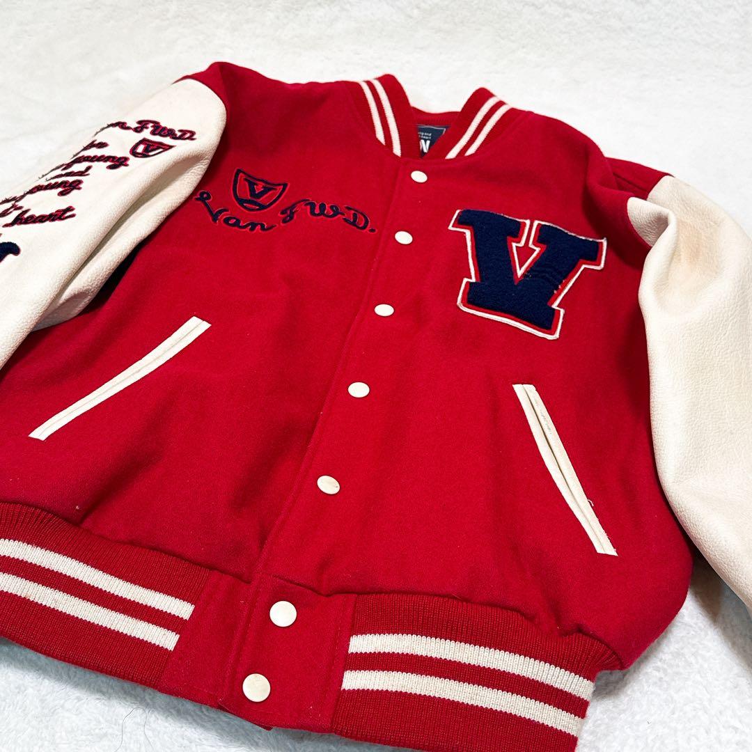美品✨VANジャケット スタジャン L アーチロゴ 袖レザー 赤／白