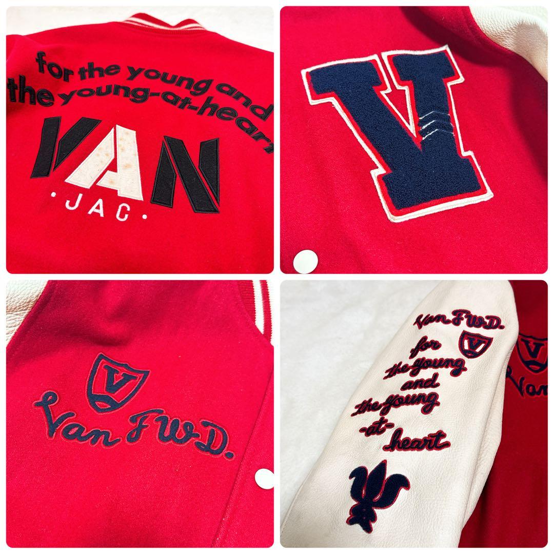 美品✨VANジャケット スタジャン L アーチロゴ 袖レザー 赤／白