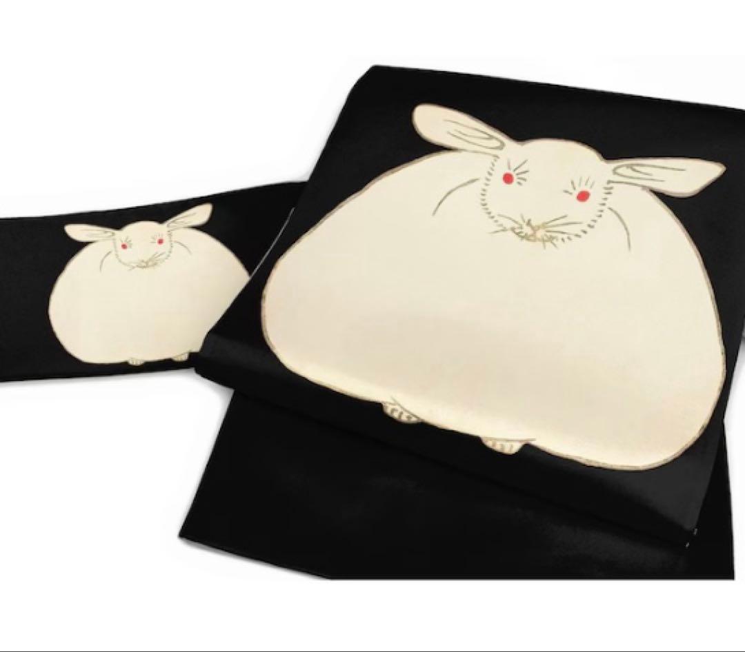 江戸時代絵師　「藪 長水」兎絵染めた京袋帯シルクの風合い最高級のポリエステル素材