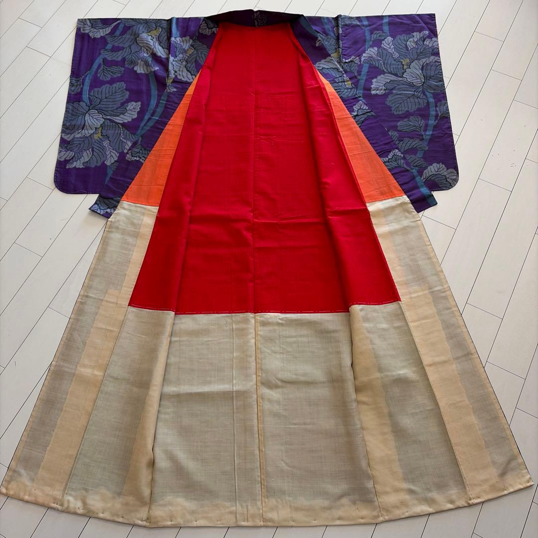 r*e様 ■E5840■アンティーク■正絹■葡萄色　花柄　銘仙　袷　着物■丈15