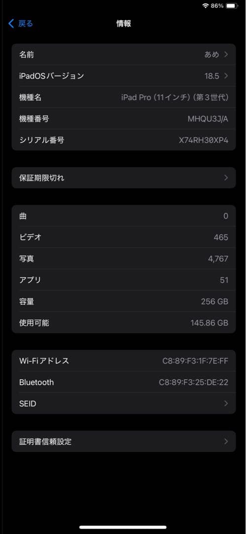 iPadPro11インチ 3世代 256GB wifiモデル