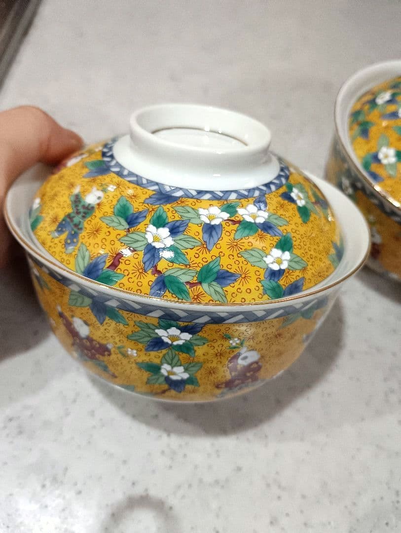 第一陶器　翔山窯　黄地唐子　蓋付き丼ぶり揃　5客　色絵　どんぶり　雑煮碗　中鉢