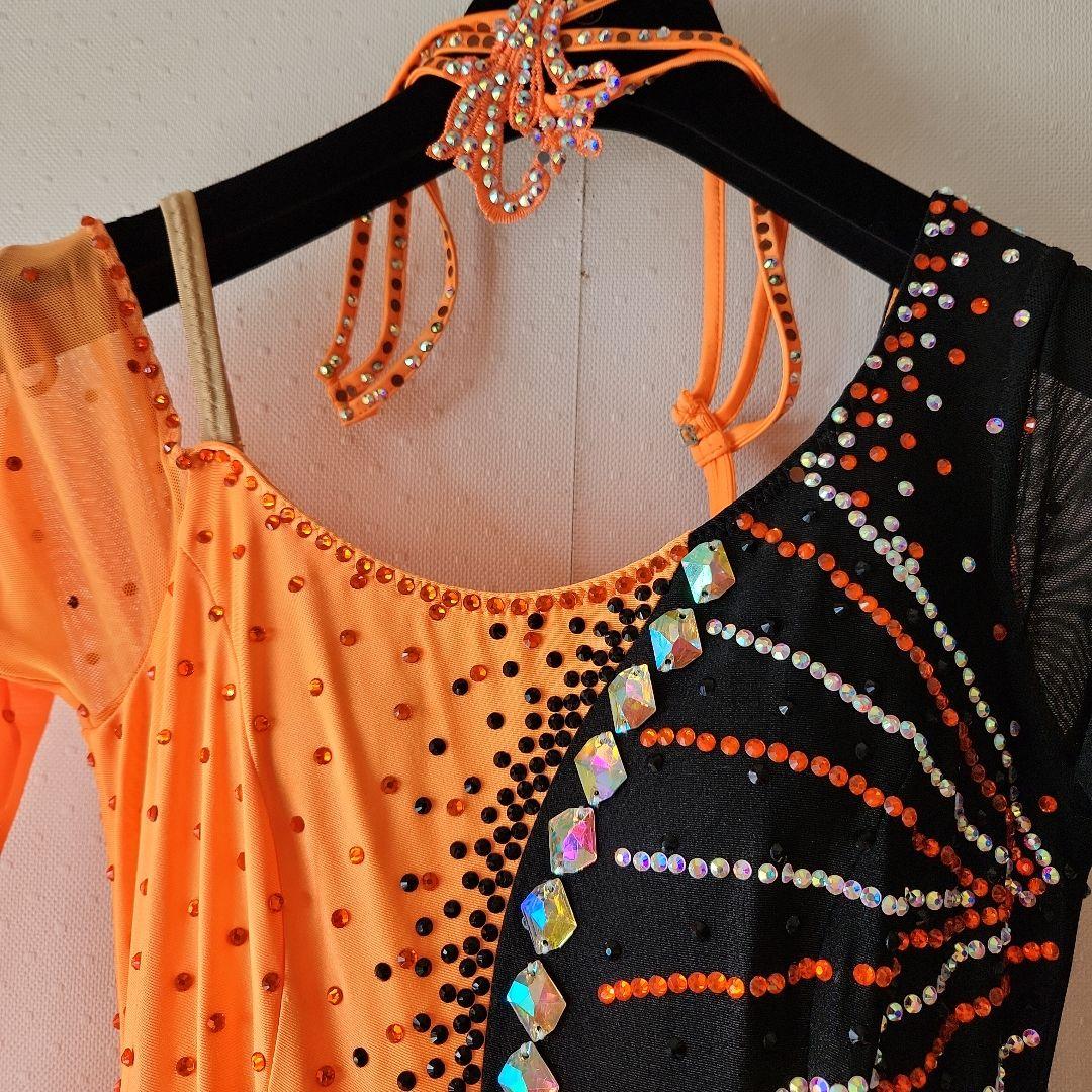 社交ダンス　スタンダード　オレンジ×黒　ファスナー交換済　4枚ボリュームSK　M