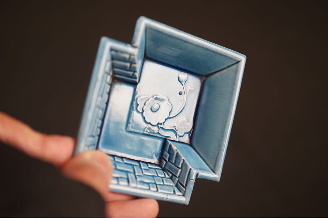 淡路珉平焼 青釉 花文 隅切角小皿 13客 / 角皿 向付 豆皿 懐石料理道具