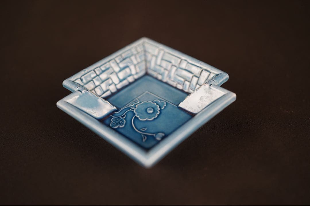 淡路珉平焼 青釉 花文 隅切角小皿 13客 / 角皿 向付 豆皿 懐石料理道具