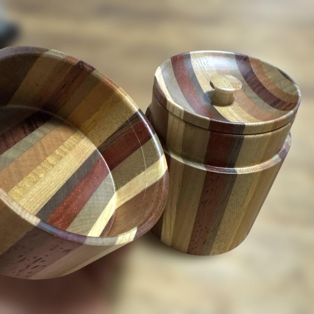 【未使用】箱根寄木細工 茶筒（中蓋付き） シマ模様 伝統工芸品 天然木 無垢作り