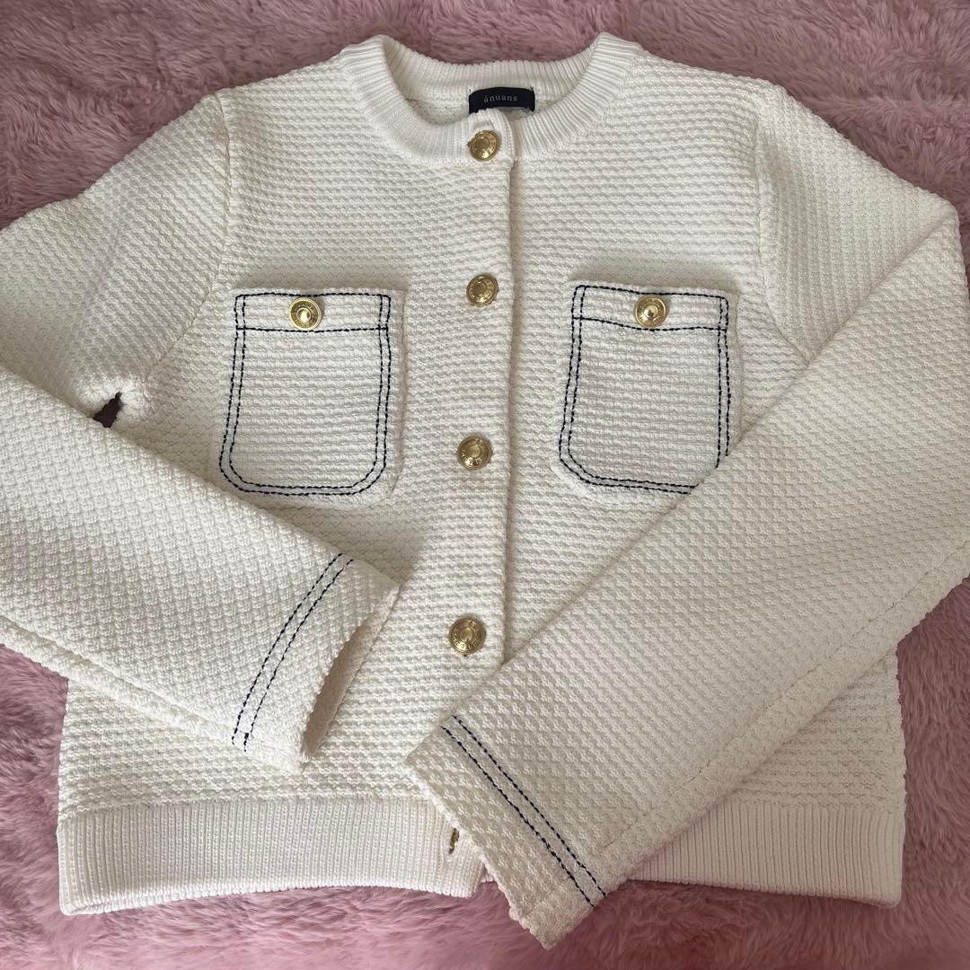 アニュアンノーカラーニットジャケット ホワイト 白 anuans S