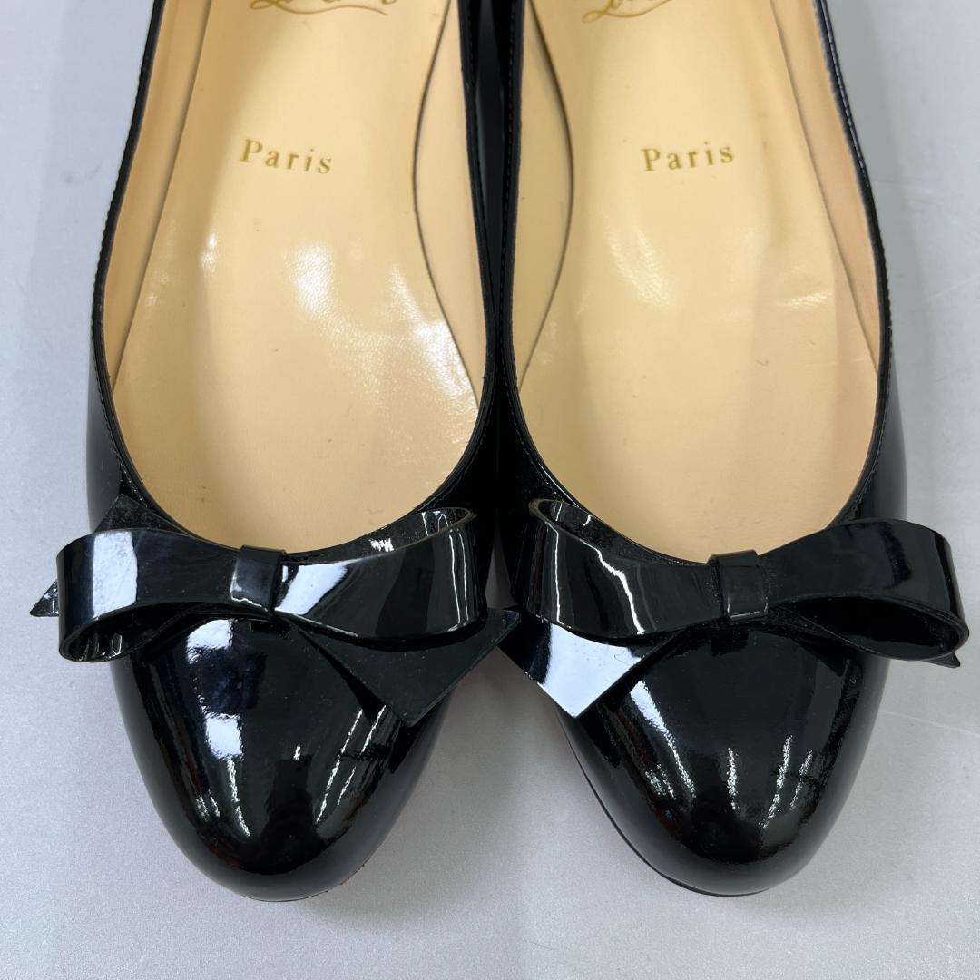 ルブタン フラットシューズ 37 24cm程度 ブラック 黒 エナメル リボン