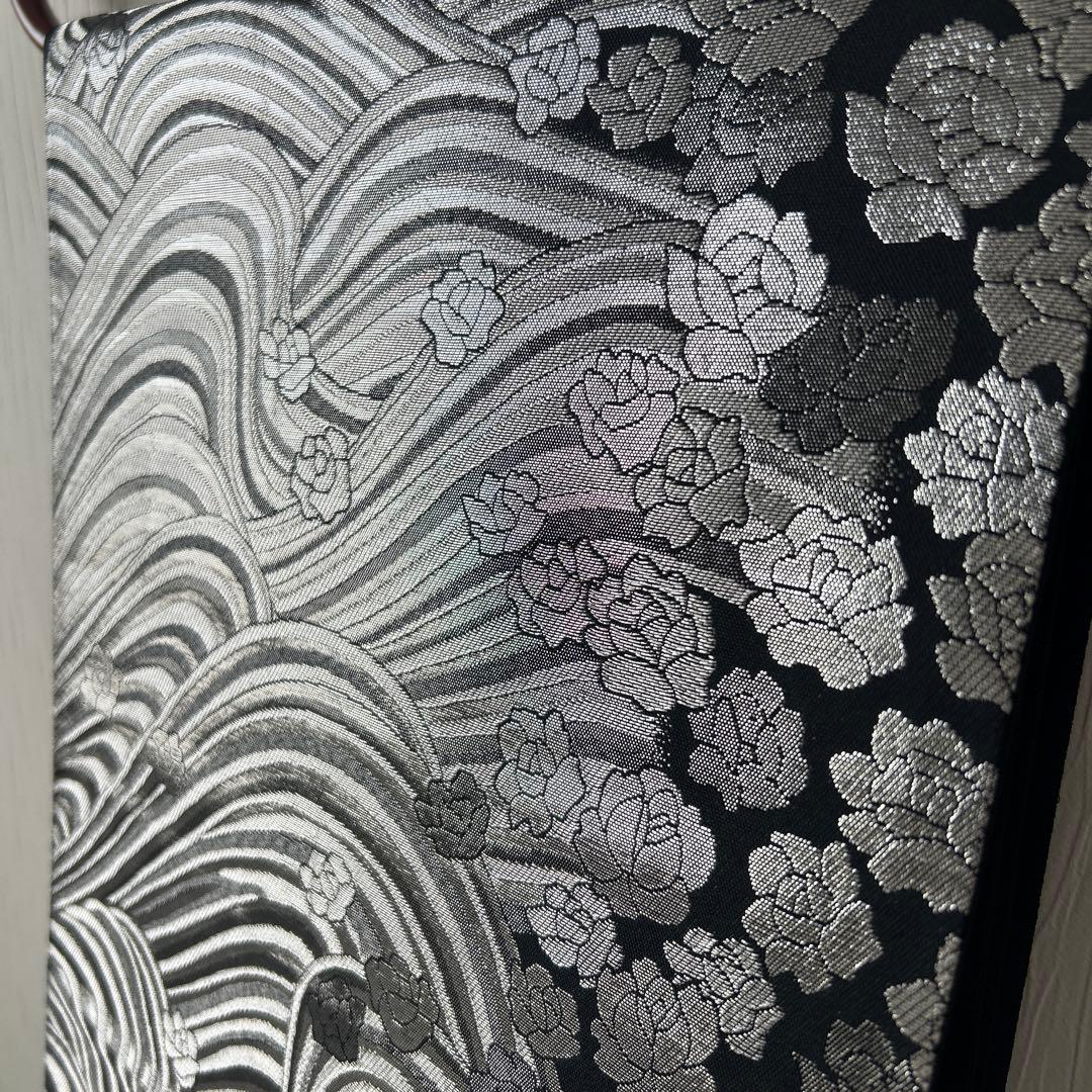 お値下げしました！【美品】袋帯 黒とグレー 銀糸波模様 正絹 六通