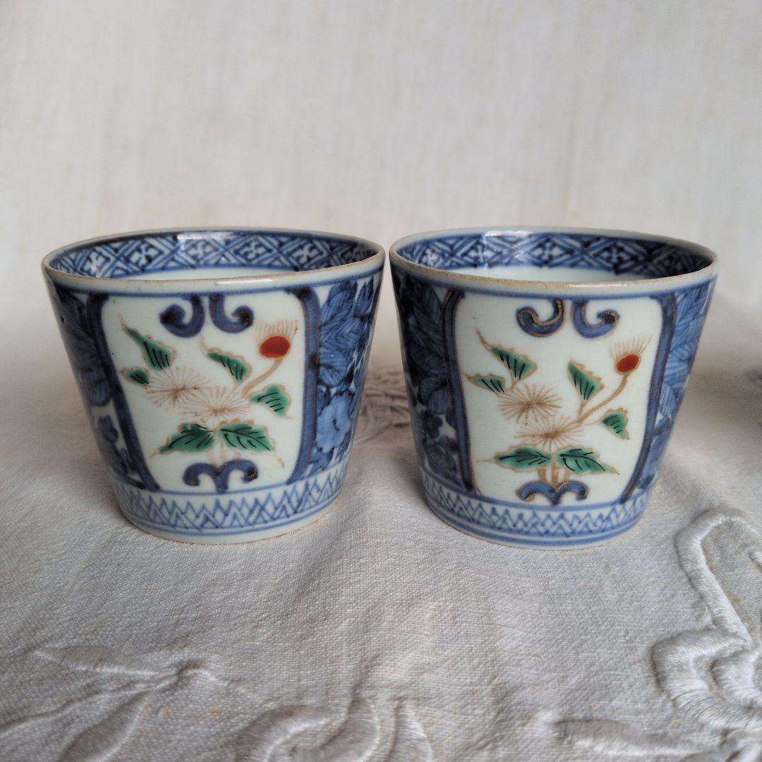 古伊万里 蕎麦猪口 5客セット 色絵染付 金彩アザミ図 江戸中期