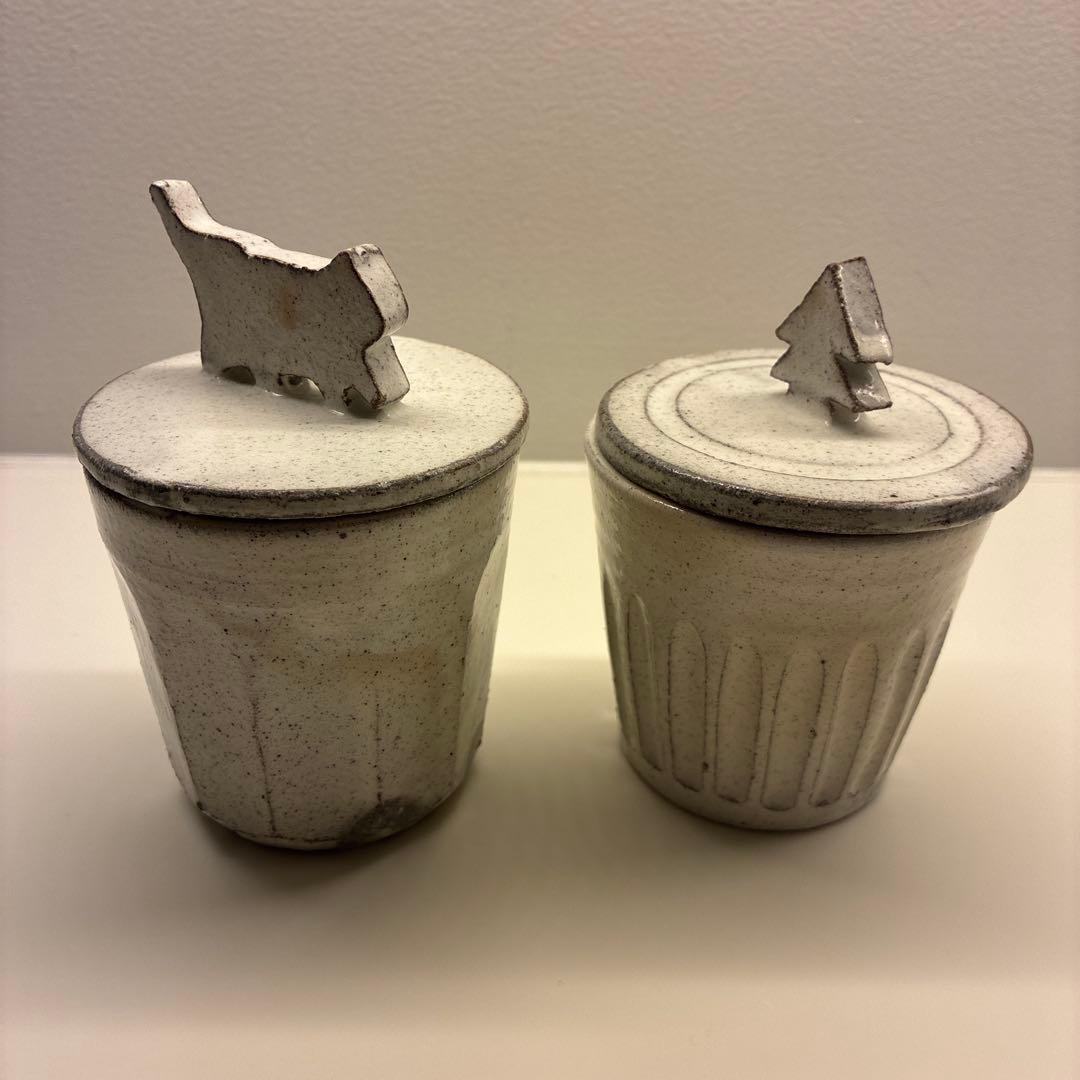 篠崎英夫　器　益子焼　蓋付き　猫　クリスマスツリー