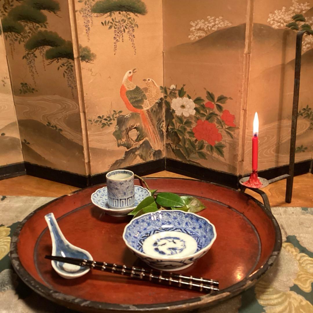 A929 古伊万里　染付　微塵唐草　萩唐草　輪花型中皿　浅鉢　　5枚