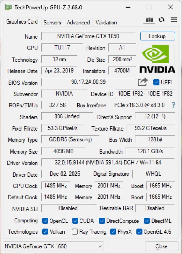 PALIT GeForce GTX 1650 グラフィックボード　補助電源不要
