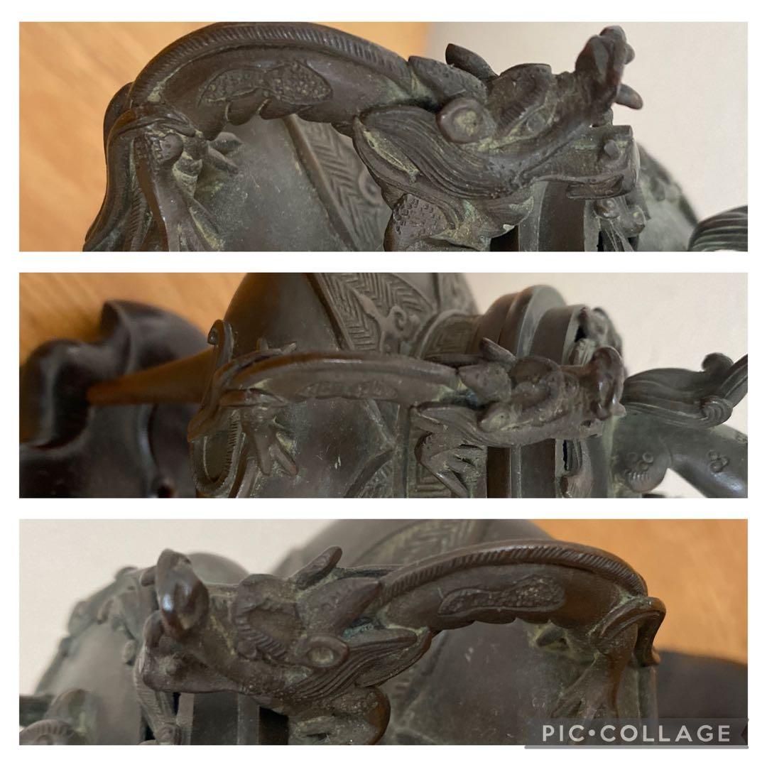 古玩 獅子蓋龍耳香炉 三脚香炉　銅器彫刻 　香櫨　三つ足香炉　中国美術　朝鮮