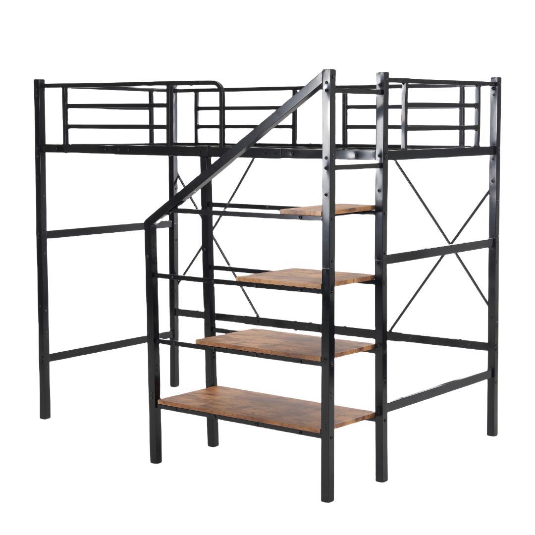 【シングル】システムベッド　階段付き　スチール　パイプベッドフレーム　BLACK