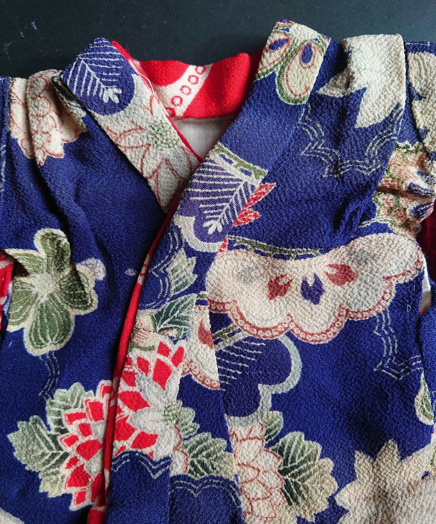 アンティーク　市松人形の着物　大正期の縮緬　袷　比翼付き　袂二枚本仕立て