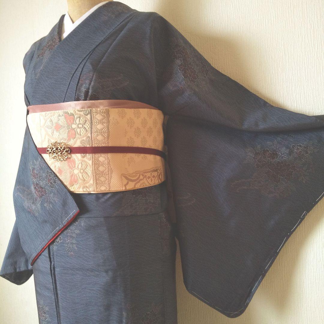 ent・正絹・大島紬・紺系・地紋・花柄・袷・一部仕付け糸付き