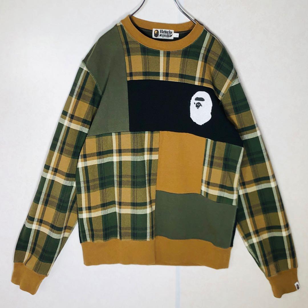 【希少デザイン】アベイシングエイプ チェック柄スウェット パッチワーク Lサイズ