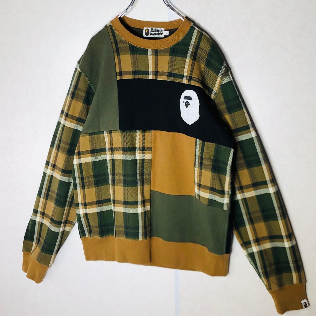 【希少デザイン】アベイシングエイプ チェック柄スウェット パッチワーク Lサイズ