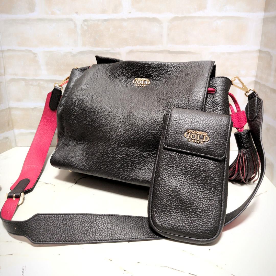 ★ココセリュックスゴールド 2WAY シボ革 バッグ スマホケース付 黒赤 新同
