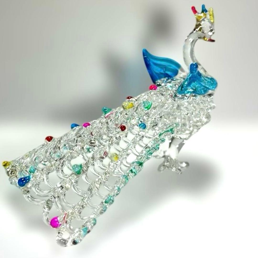 ガラス製孔雀の置物　インテリア ガラス細工