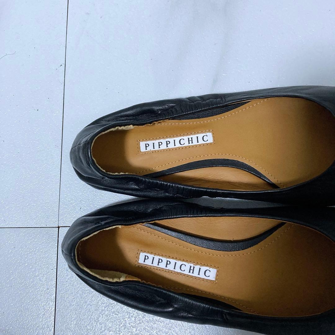 未使用級 ピッピシック ギャザーフラットパンプス 本革 ブラック 黒 38 25