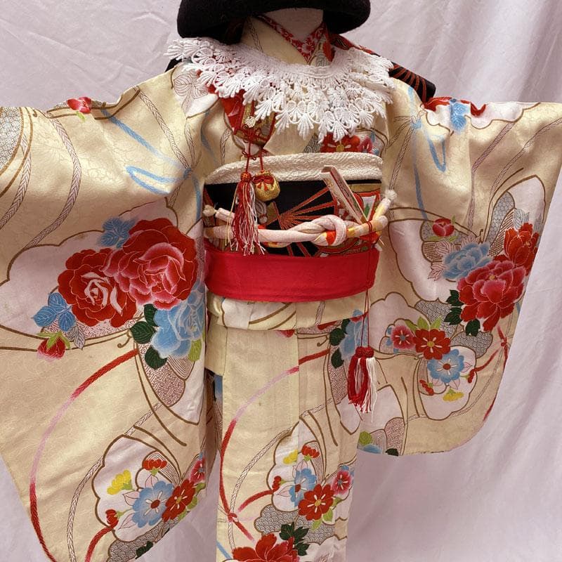 506ag67◎七五三 七歳 女児 セミアンティーク 着物&袋帯 総柄 蝶 花◎
