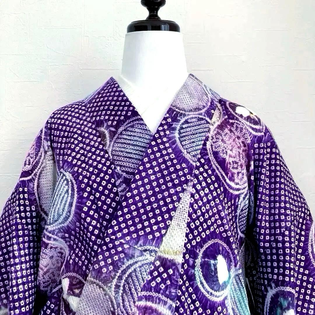 有松絞り・有松鳴海　絞り浴衣　グレープ色　丸模様　身丈155cm N7-9