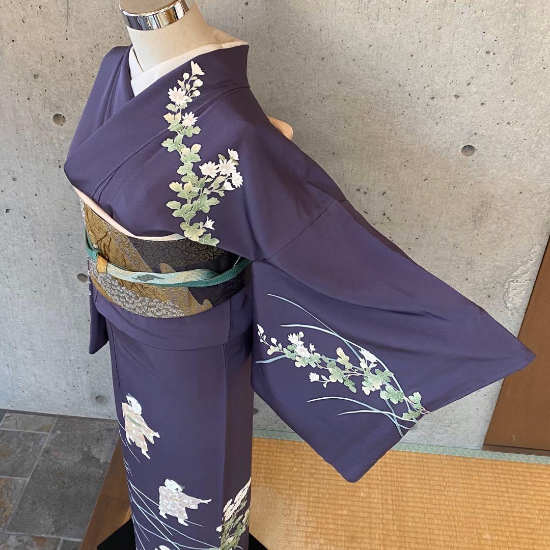 正絹　訪問着　童子柄　落款　一つ紋　紫系　袷
