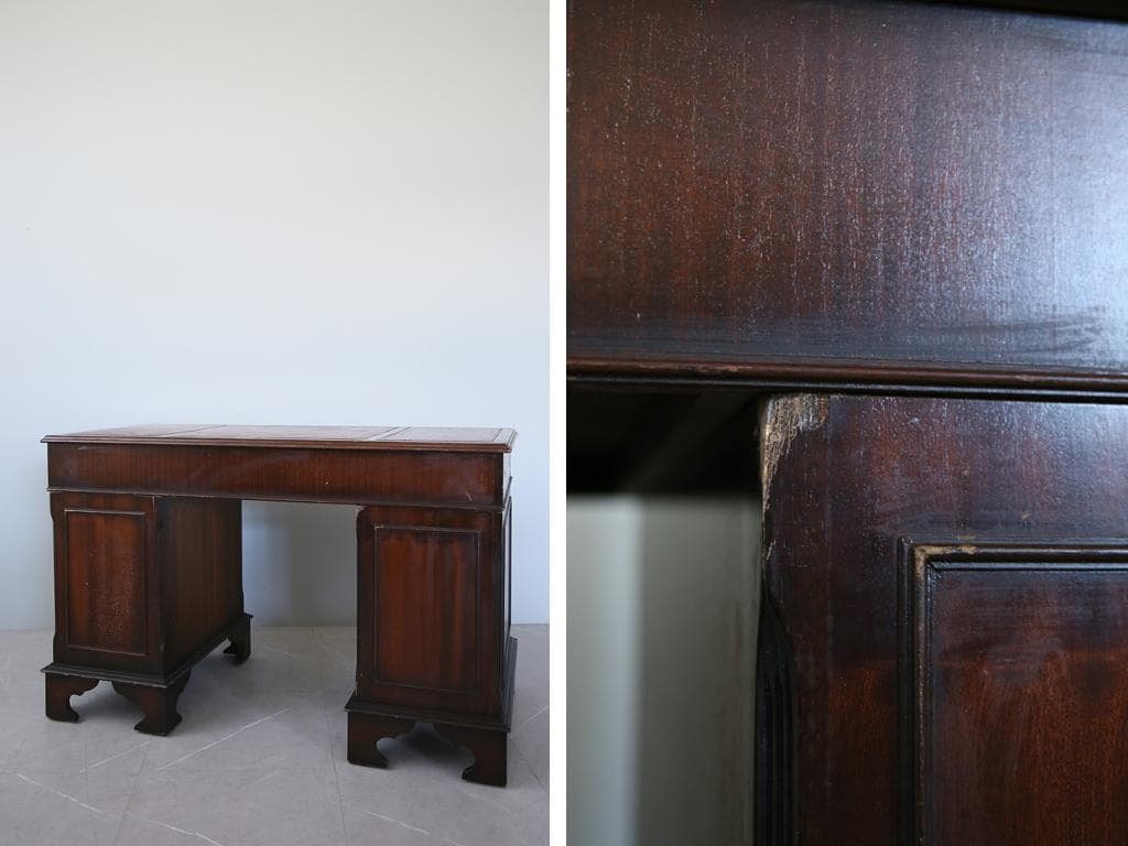 英国アンティーク木製両袖デスク/勉強机/テーブル/飾り棚/オフィス事務89-93