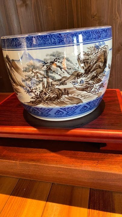 古物　火鉢　瀬戸火鉢　メダカ鉢　山水画　染付
