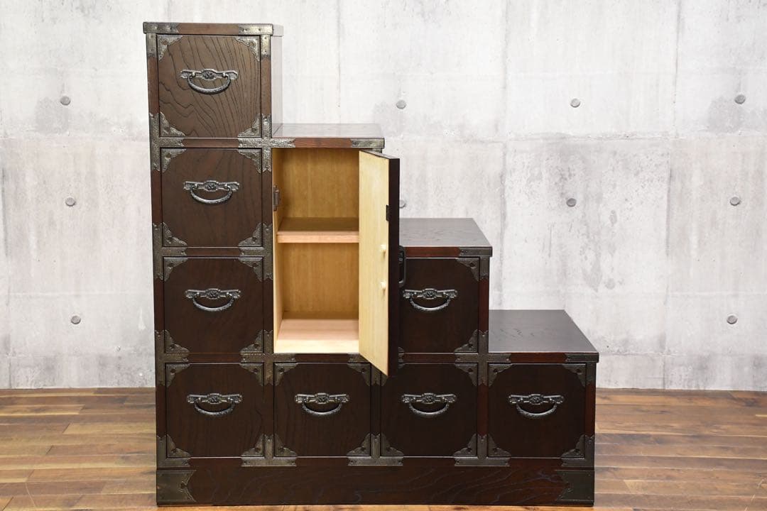 DGC18 葵紋 民芸家具 葵 三.五尺 階段タンス 右下り 4段 階段箪笥 欅